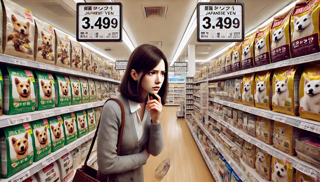 スーパーでドッグフードの値段に悩む女性